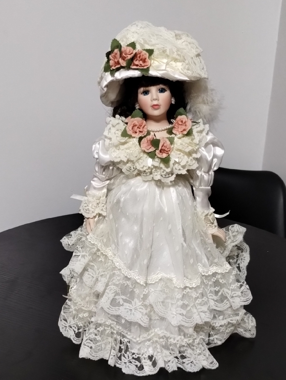 Porcelain Victorian-Style Doll with Pink Rose Accents
